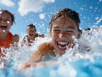 Friends Racing Down Water Slide on Ship  Fun and Joyful Scene